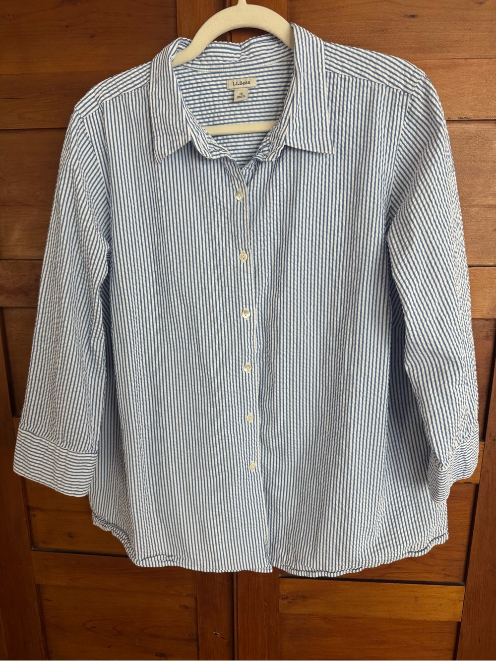L.L. Bean Seersucker Blue Stripe Button Up Top 1X